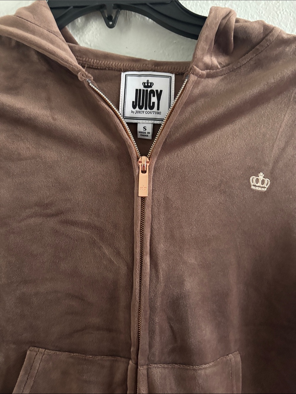 Juicy Couture Men's Brown Velour Zip Hoodie with Crown Logo